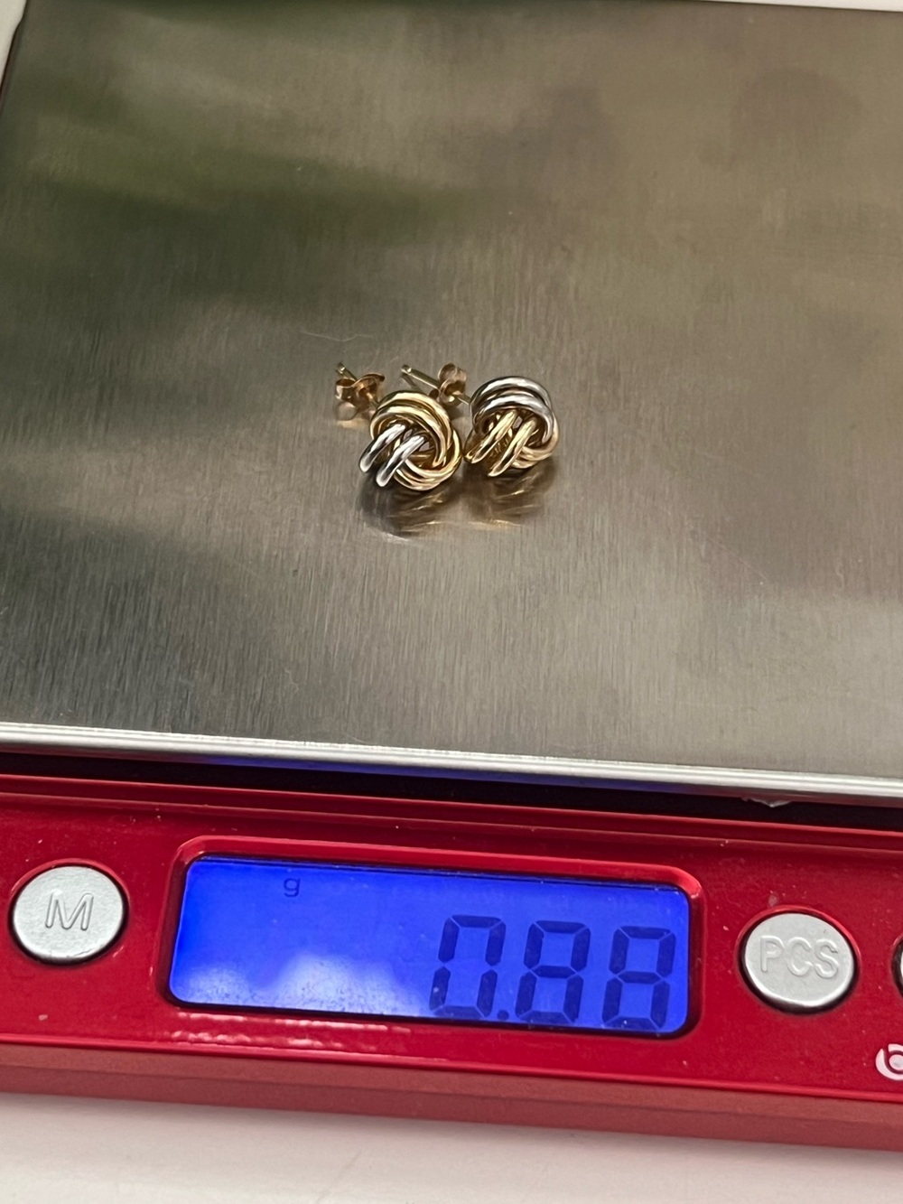 14K Gold Two Toned Interlocking Knot Stud Earrings, Real Yellow & White Gold - Picture 12 of 12